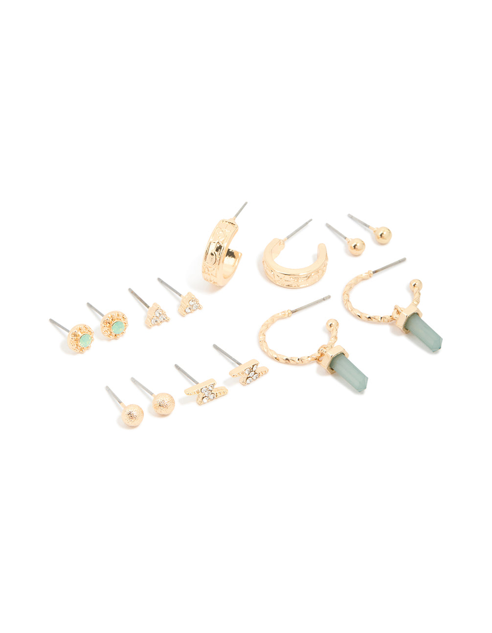Gold Green Diamante Stud Earrings 7-Pack