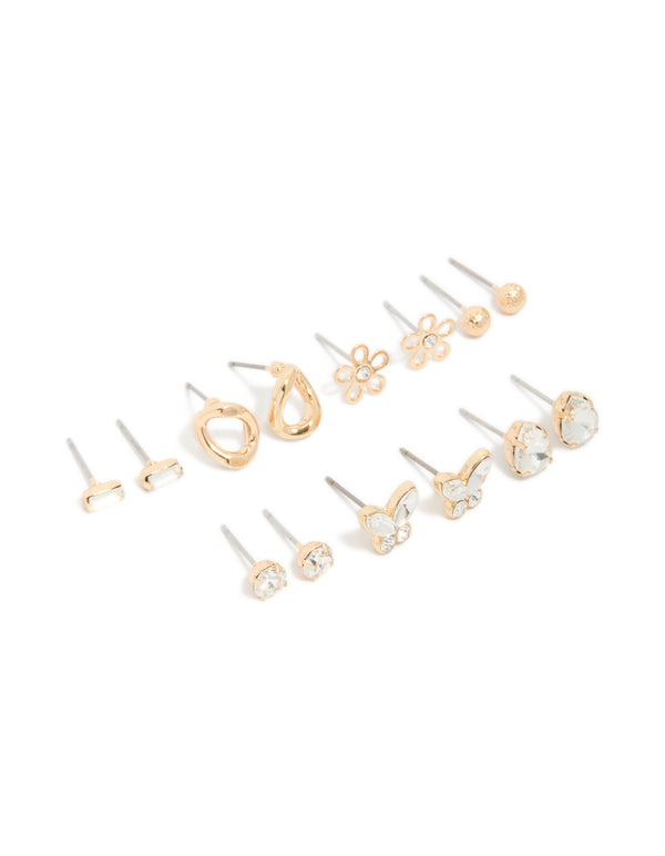 Gold Cubic Zirconia & Butterfly Stud Earrings 7-Pack