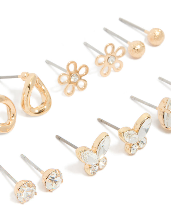 Gold Cubic Zirconia & Butterfly Stud Earrings 7-Pack