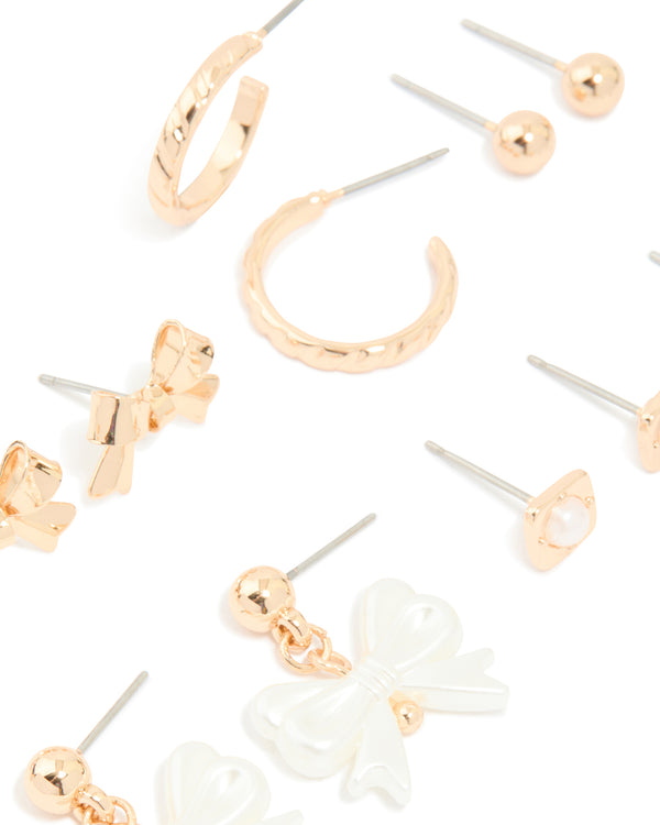 Gold Pearl Bow Stud Earrings 7-Pack