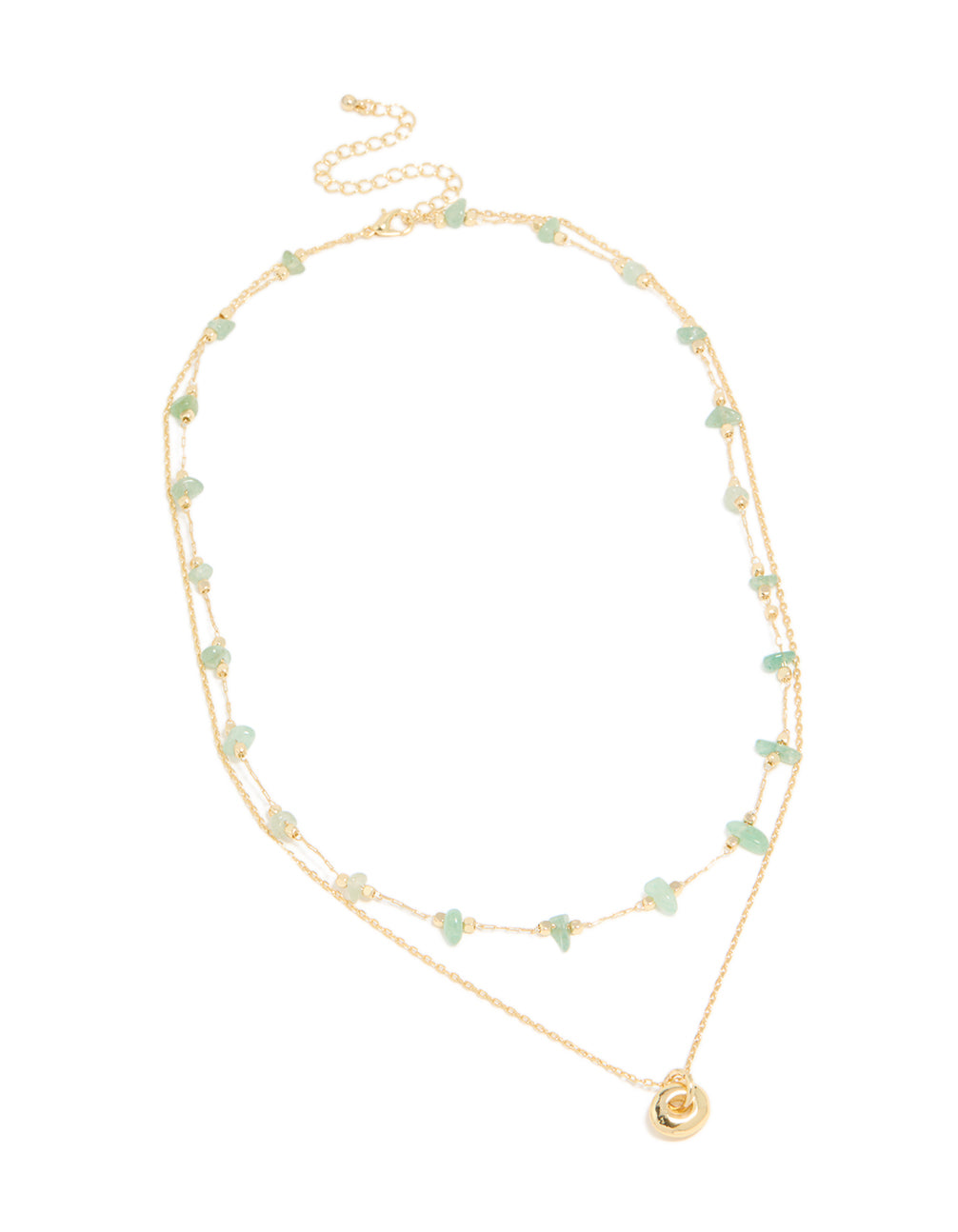 Gold Plated Green Aventurine Semi-Precious Stone & Doughnut Layered Necklace
