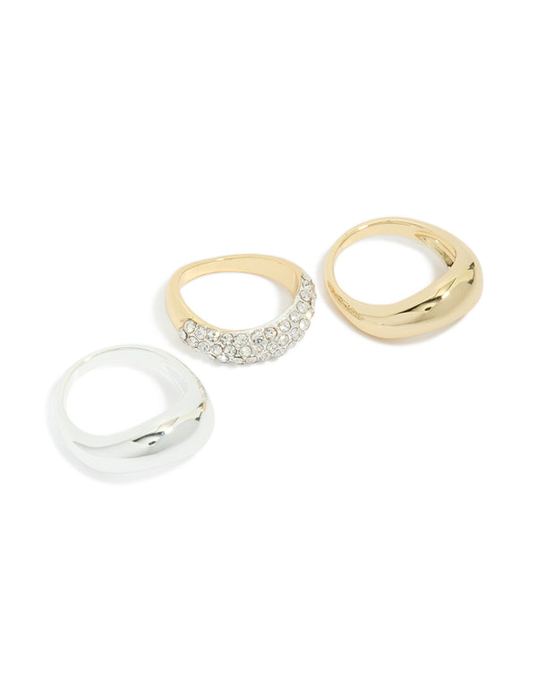 Mixed Metal Plated Diamante & Chunky Wave Diamante Rings 3-Pack