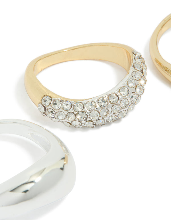 Mixed Metal Plated Diamante & Chunky Wave Diamante Rings 3-Pack