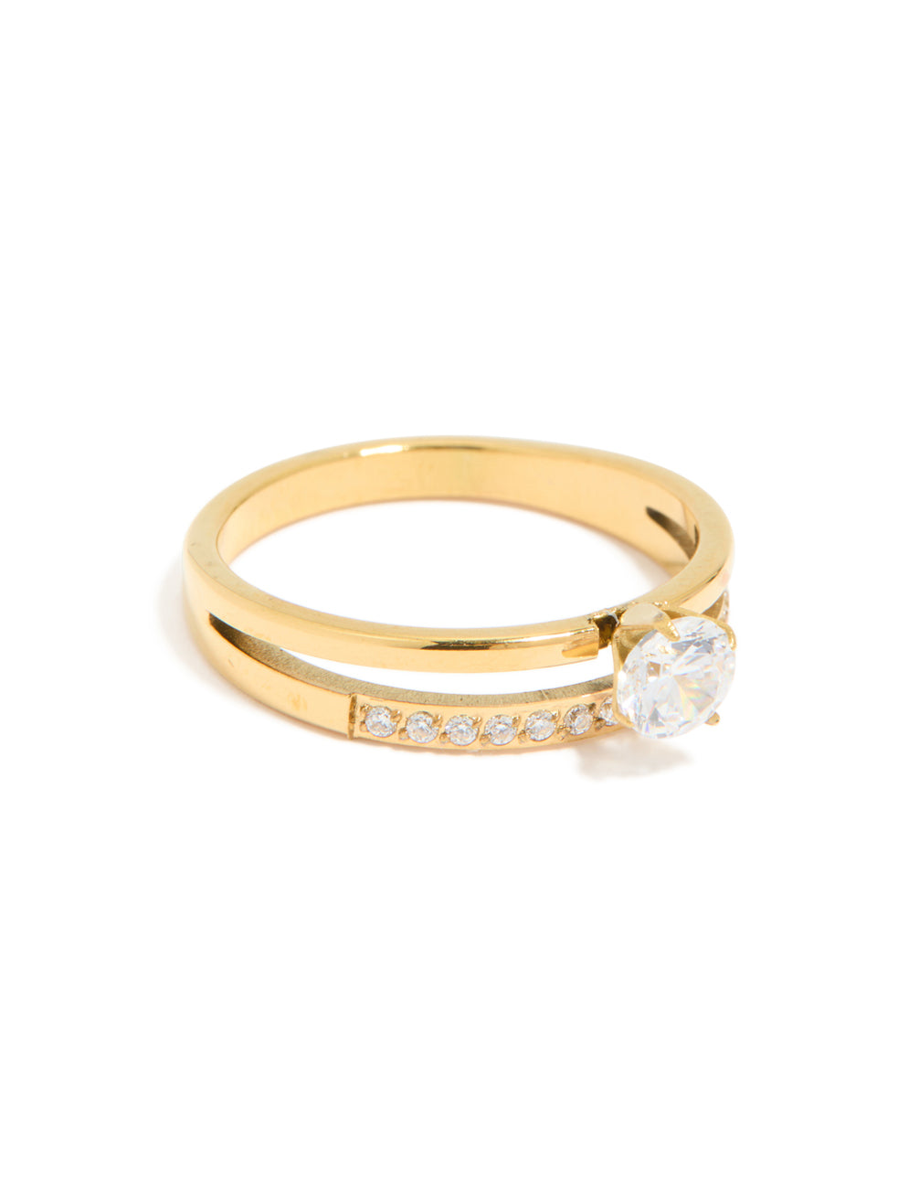 This waterproof gold plated stainless steel dainty cubic zirconia double layered ring features a sleek design with clear stones side detail view