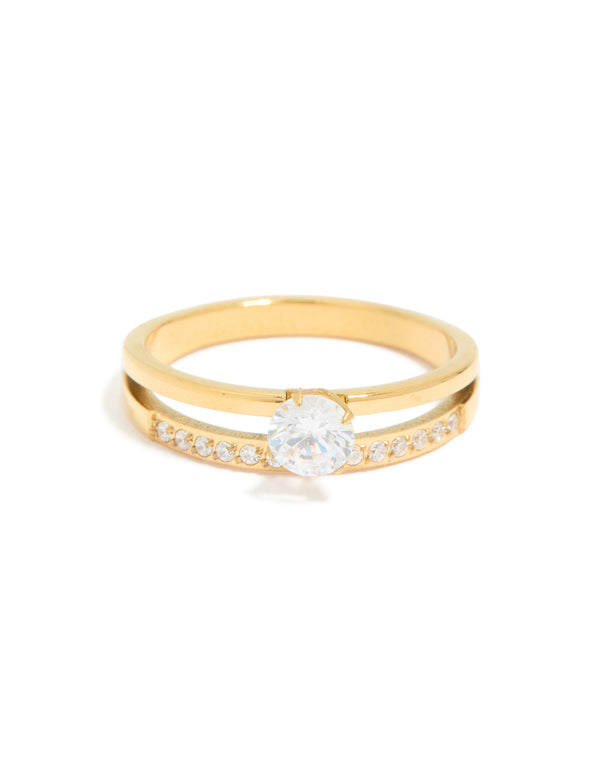 Elegantly designed waterproof gold plated stainless steel dainty cubic zirconia double layered ring in a centered composition with clear stones front view