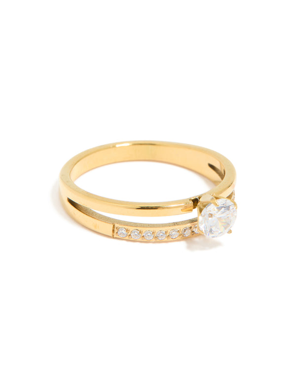This waterproof gold plated stainless steel dainty cubic zirconia double layered ring features a sleek design with clear stones side detail view