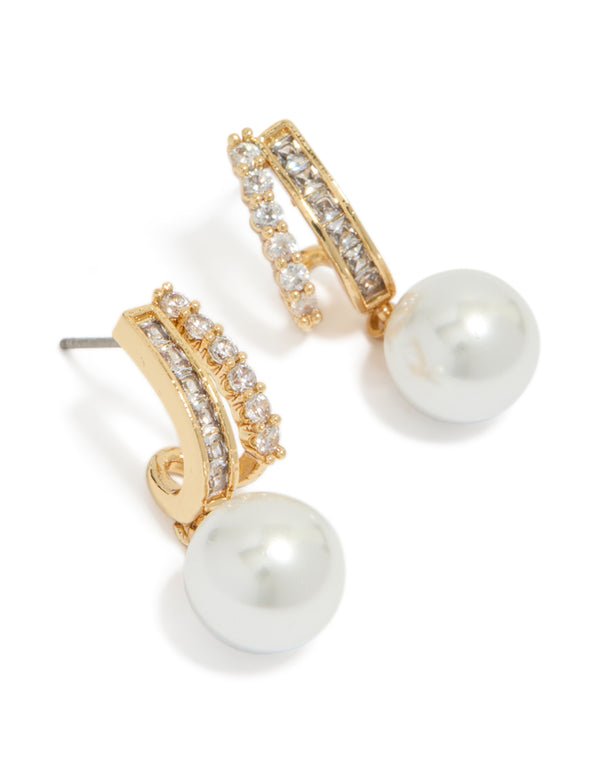 Showcasing gold plated cubic zirconia illusion pearl drop earrings with hoop closure in white front view