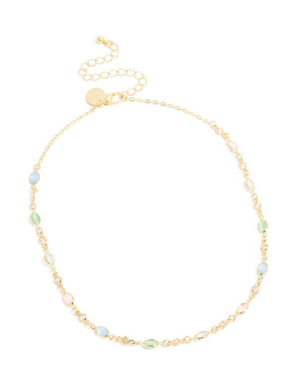 Gold Plated Multicoloured Cubic Zirconia Ovals Necklace