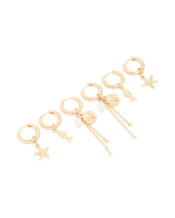 Gold Mixed Chain & Beaded Sea Motif Huggie Earrings 3-Pack