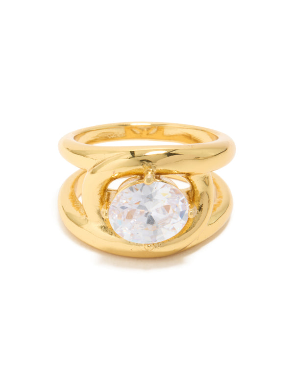 Featuring waterproof gold plated stainless steel with cubic zirconia in a fancy split band ring close up view
