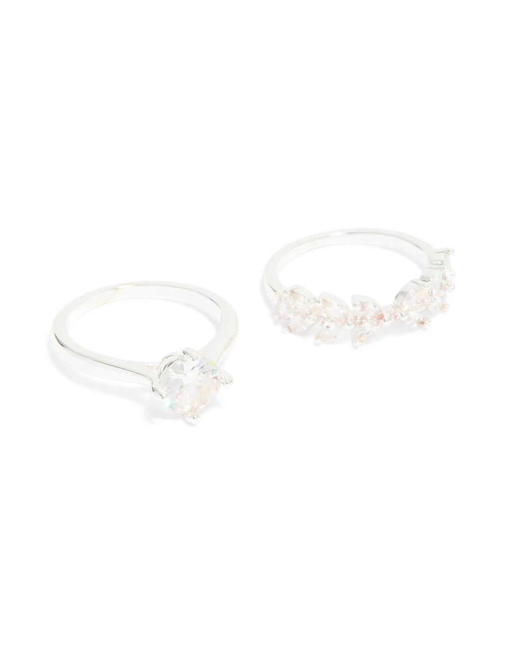 Silver Plated Cubic Zirconia Glitzy Floral & Claw Set Stacking Rings 2-Pack