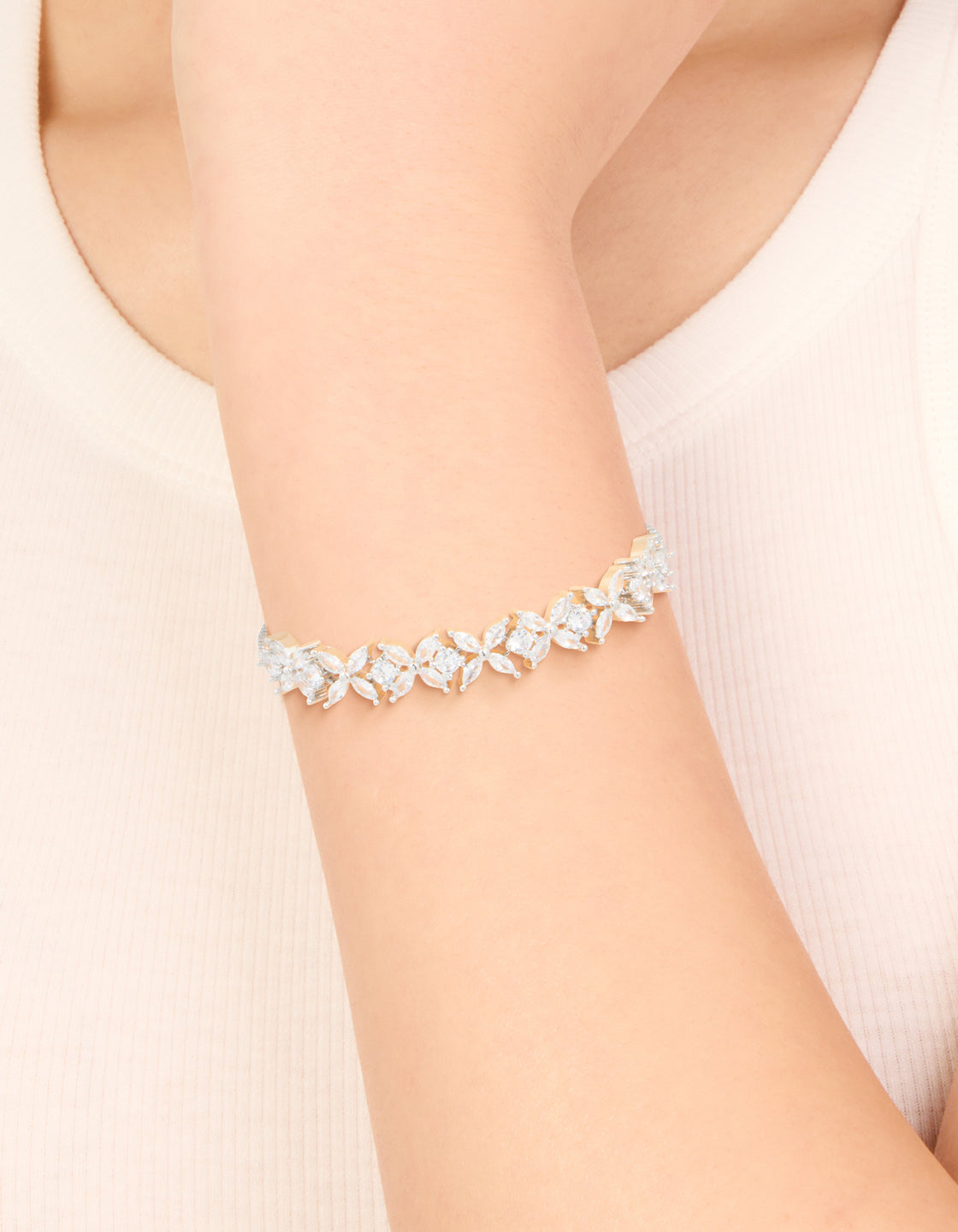 Silver Cubic Zirconia Statement Flower Toggle Bracelet