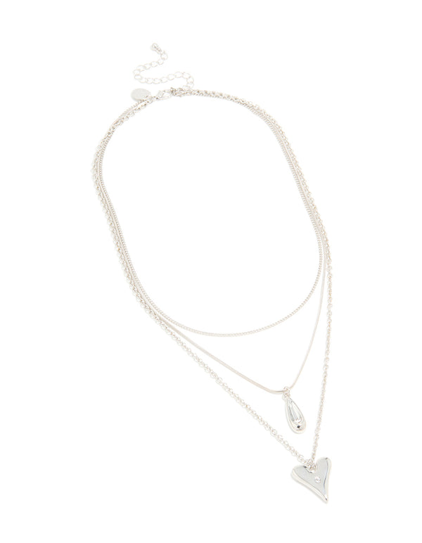 Silver Cubic Zirconia Heart & Teardrop Pendant Layered Necklace