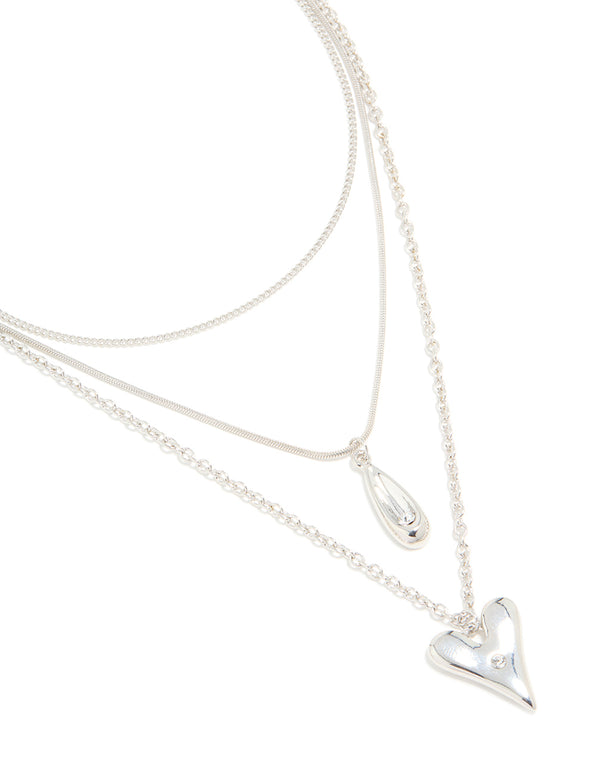 Silver Cubic Zirconia Heart & Teardrop Pendant Layered Necklace