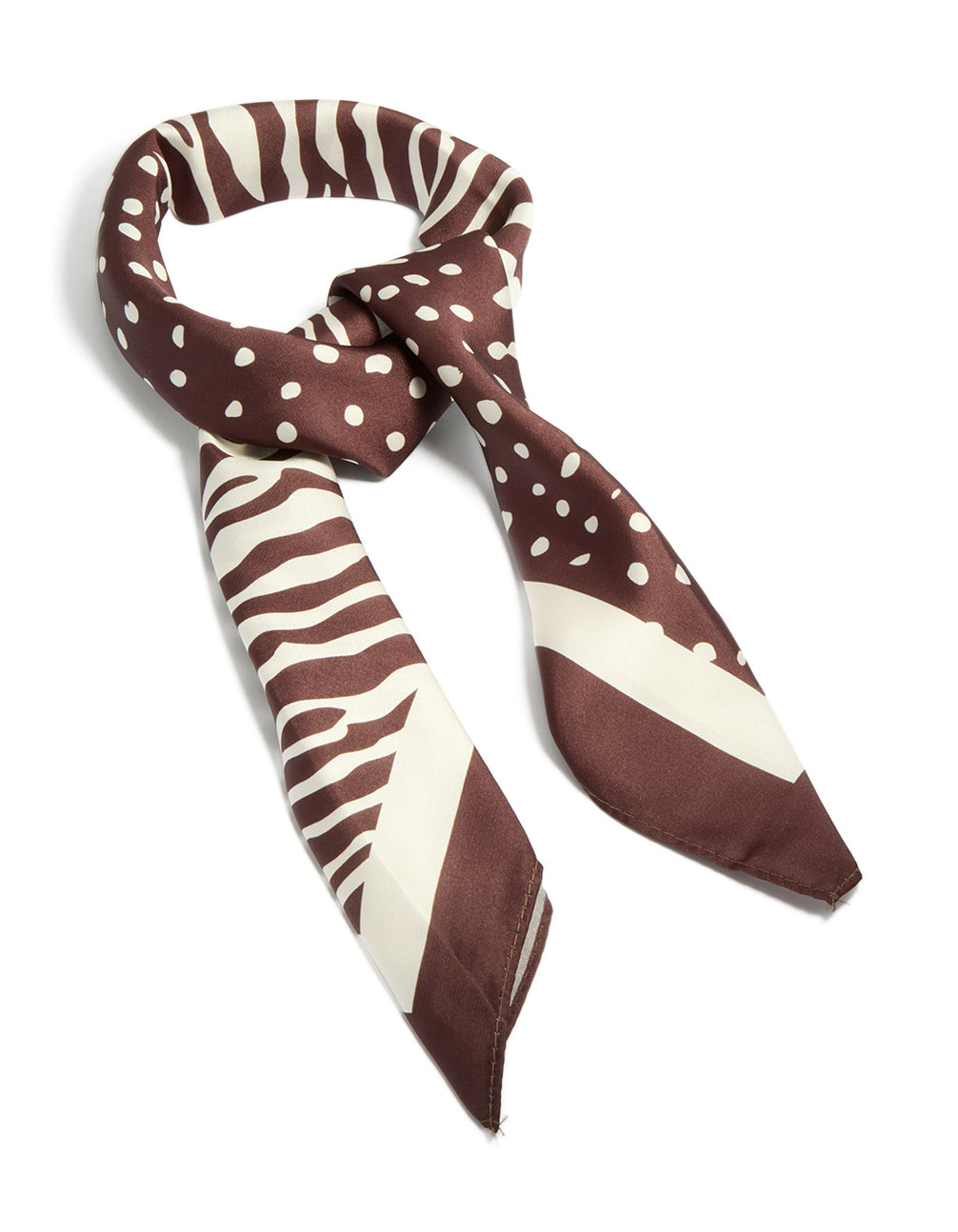 Showcasing a half spot and zebra fabric scarf in saddle brown and ivory side view
