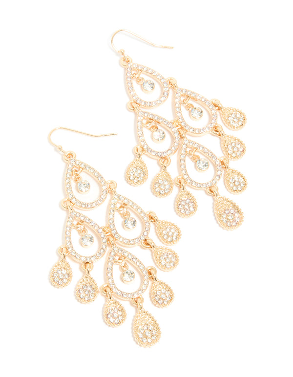 Elegant gold diamante diamond shaped dangly earrings featuring charm front view