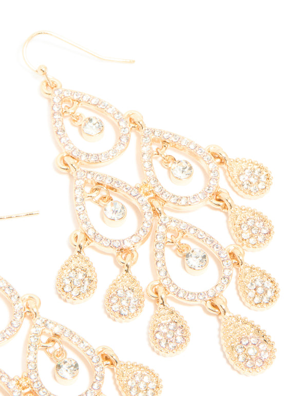 Detailed gold diamante diamond shaped dangly earrings with charm post detail view