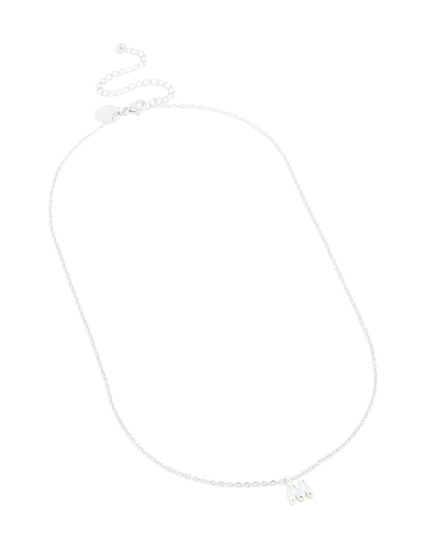 Introducing a waterproof stainless steel mini bubble letter M necklace with initial pendant in silver plated front view