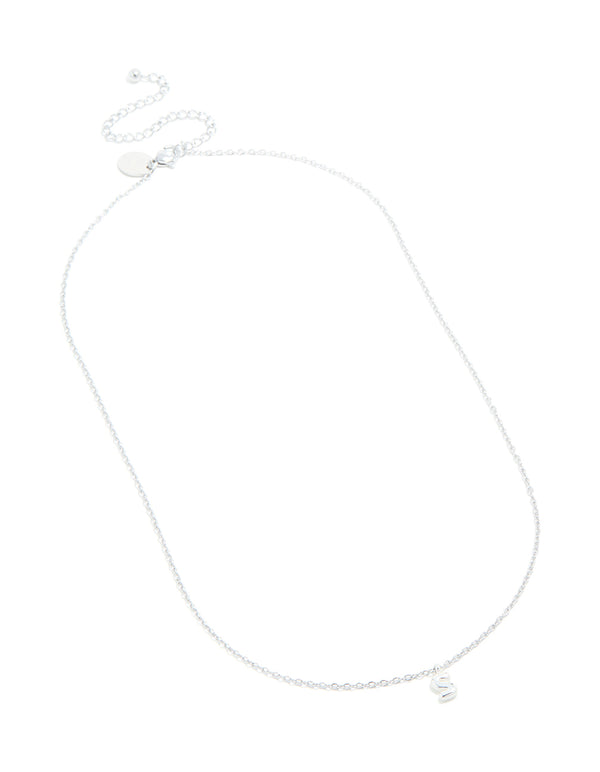This statement necklace with initial bubble letter S in waterproof stainless steel silver displays a front view