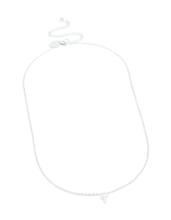 Shop this waterproof stainless steel mini bubble letter T necklace with initial pendant in silver front view