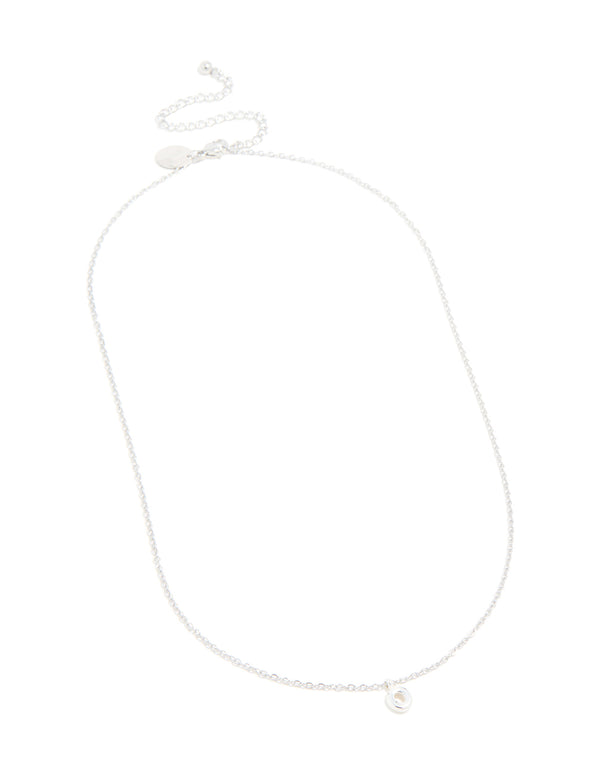 Displaying a waterproof stainless steel mini bubble letter O necklace with initial pendant in dainty silver front view