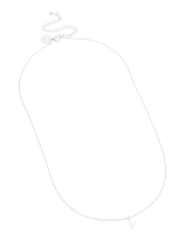 Designed with waterproof stainless steel mini bubble letter V with initial pendant necklace in silver front view