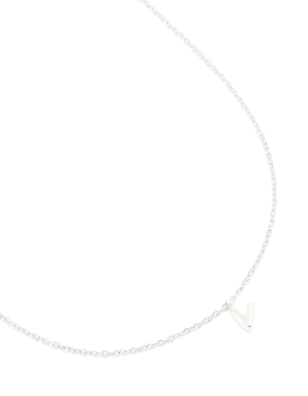 Showcasing a waterproof stainless steel mini bubble letter V necklace with initial pendant in silver close up view