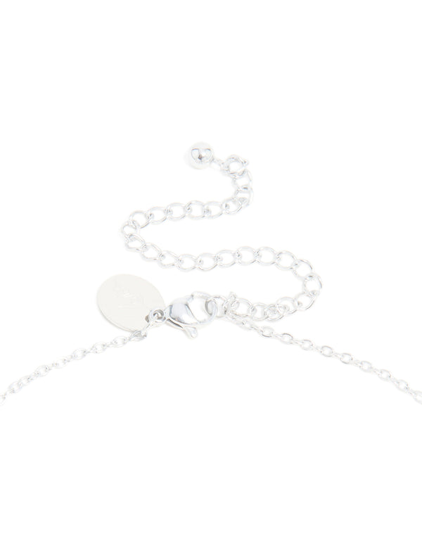 Presenting a waterproof stainless steel mini bubble letter V necklace with initial pendant in silver clasp detail view