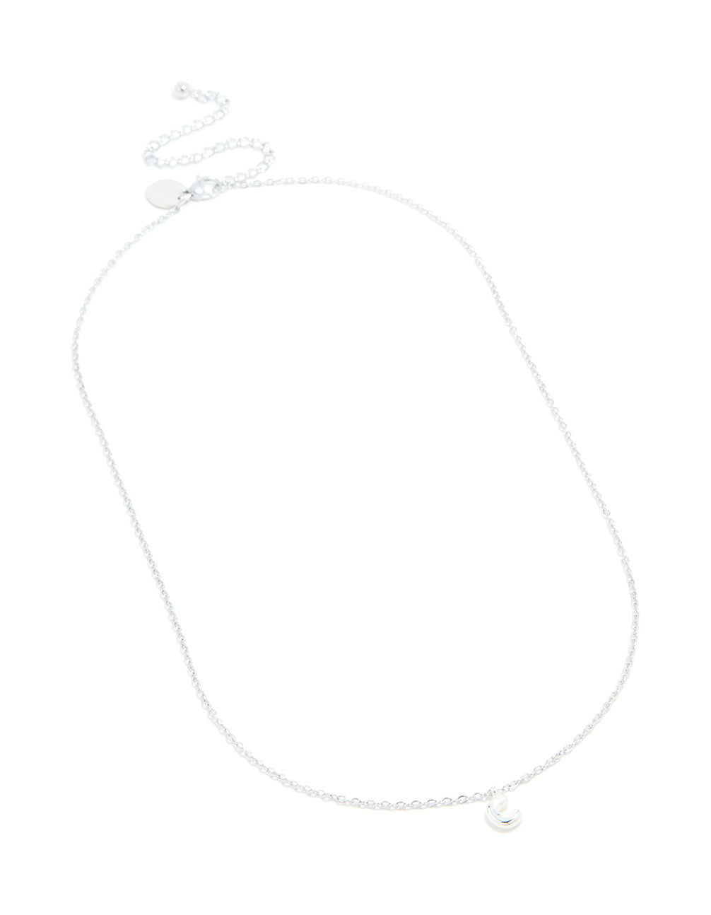 Crafted from waterproof stainless steel mini bubble letter C necklace with initial pendant in silver front view