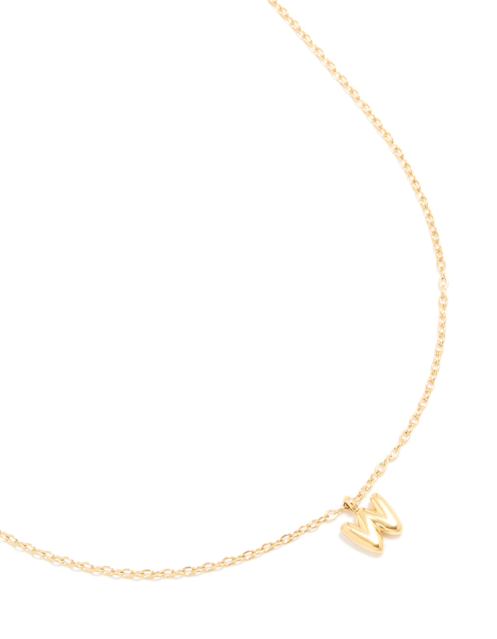 Beautifully crafted waterproof mini bubble letter W necklace featuring initial pendant in stainless steel with plated finish close up view