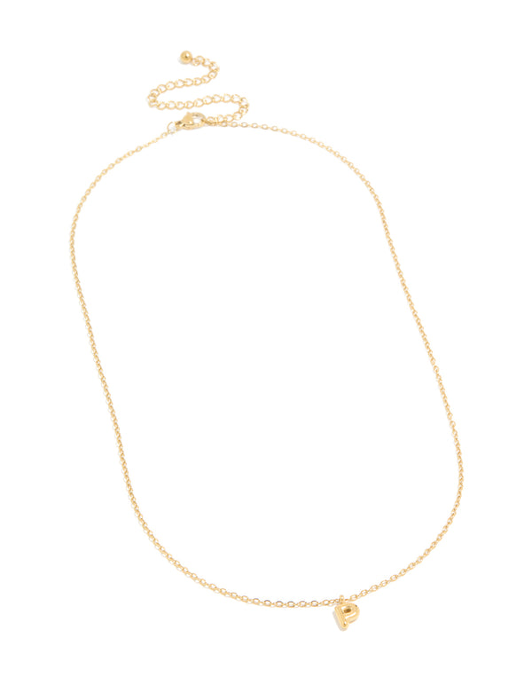 Presenting a waterproof gold plated stainless steel mini bubble letter P initial pendant necklace front view
