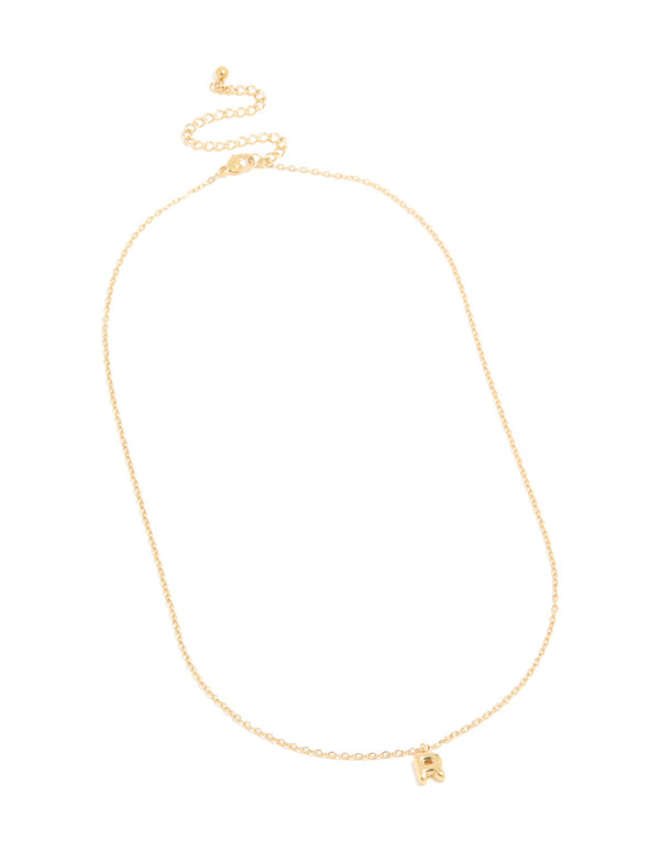 Presenting the waterproof gold plated stainless steel mini bubble letter R initial pendant necklace with dainty styling front view