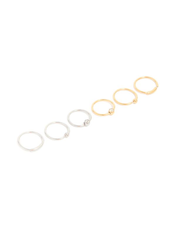 Featuring mixed metal surgical steel open nose rings in a 6-pack with balls, cubic zirconia, gold and silver view