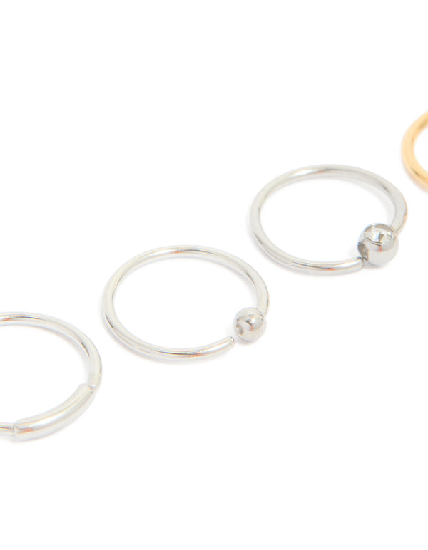 Featuring mixed metal surgical steel open nose rings in a 6-pack with balls, cubic zirconia, gold and silver view