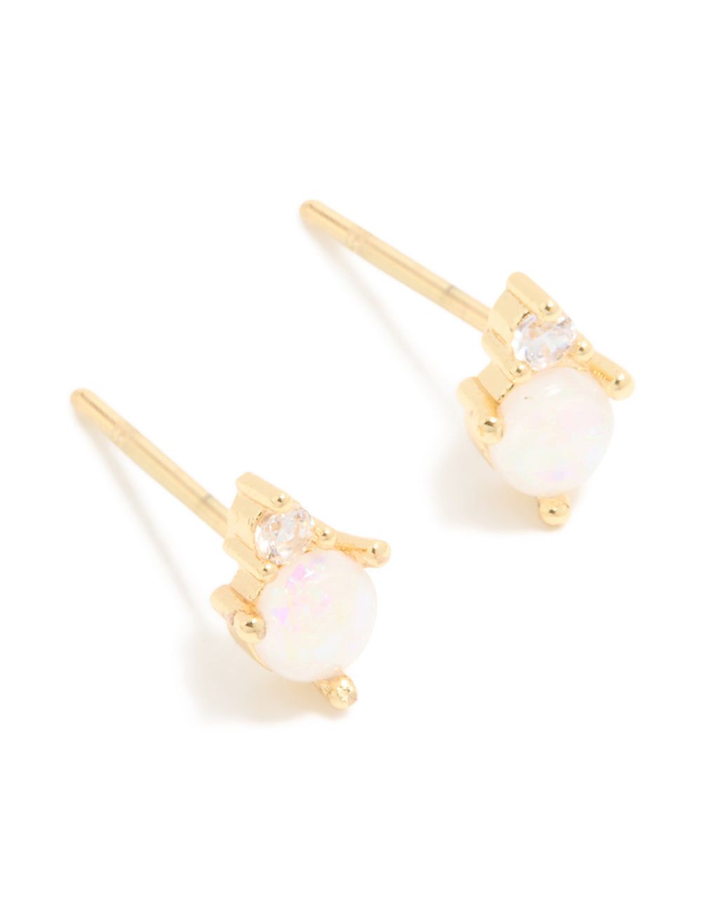 Crafted from waterproof gold plated stainless steel, these October cubic zirconia duo stud earrings feature crystal accents in gold front view