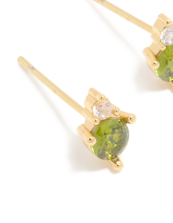 Crafted from waterproof gold plated stainless steel August cubic zirconia birthstone duo stud earrings close up view