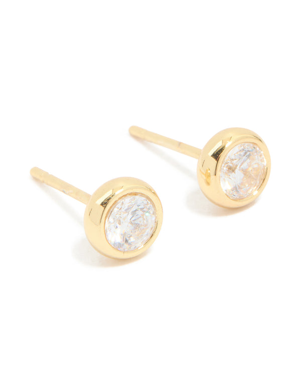 Introducing waterproof gold plated stainless steel bezel set stud earrings with round cut cubic zirconia front view