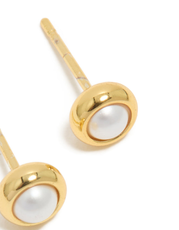 Shop waterproof gold plated stainless steel pearl bezel set stud earrings featuring white post detail view