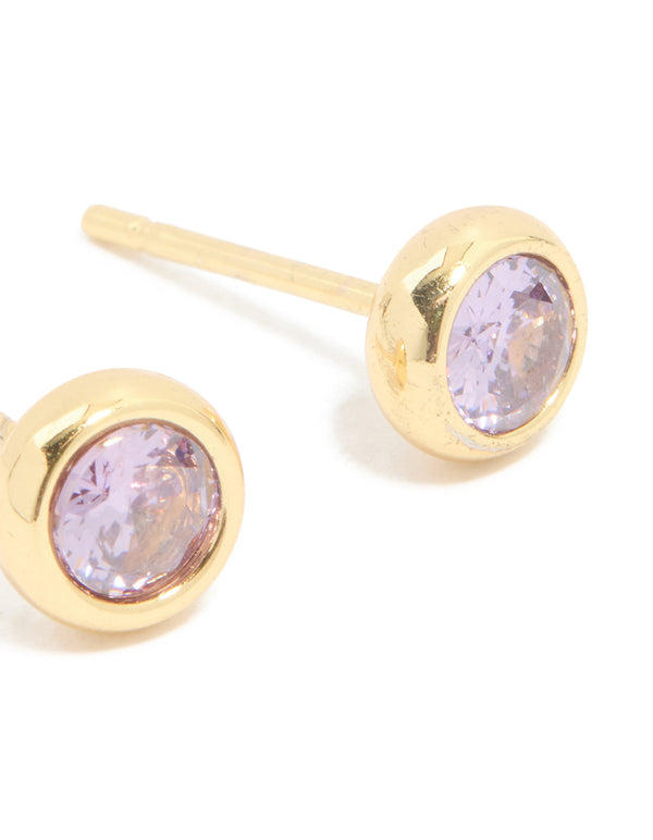 Premium waterproof bezel set stud earrings showcasing lavender cubic zirconia in gold plated stainless steel post detail view
