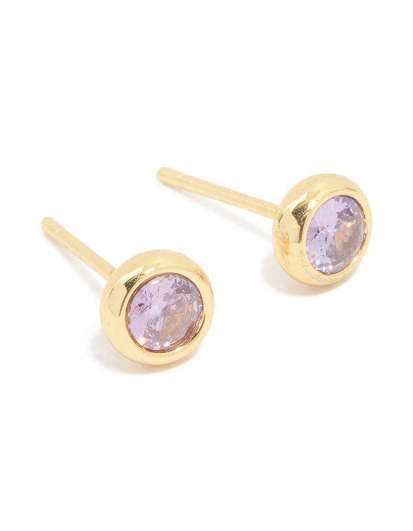 Beautifully crafted waterproof bezel set stud earrings featuring lavender cubic zirconia stones in a gold plated stainless steel setting front view