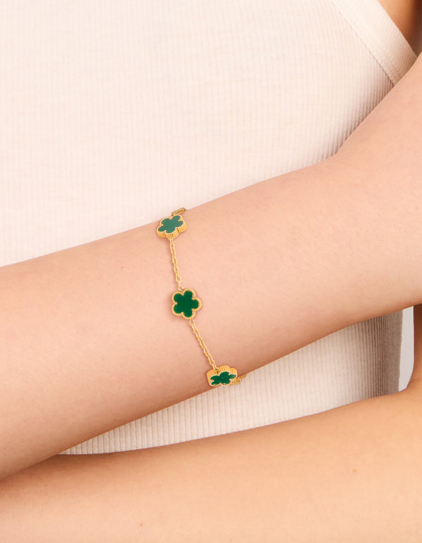 Waterproof Gold Plated Stainless Steel Dark Green Petal Flower Charm Bracelet