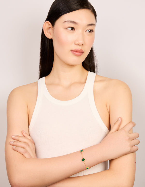 Waterproof Gold Plated Stainless Steel Dark Green Petal Flower Charm Bracelet