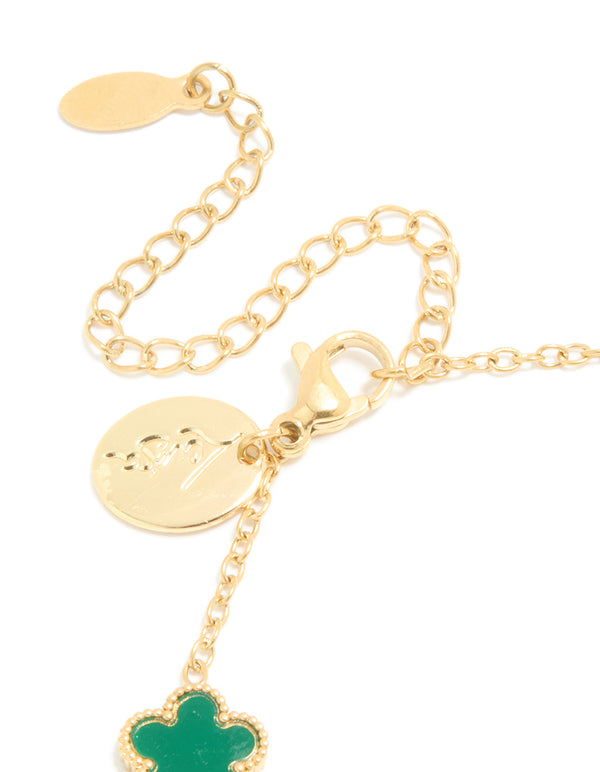 Waterproof Gold Plated Stainless Steel Dark Green Petal Flower Charm Bracelet