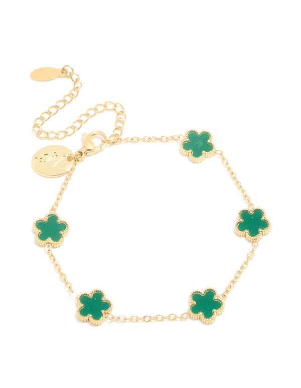Waterproof Gold Plated Stainless Steel Dark Green Petal Flower Charm Bracelet