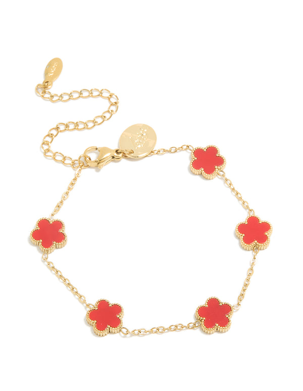 Waterproof Gold Plated Stainless Steel Red Shell Petal Flower Charm Bracelet