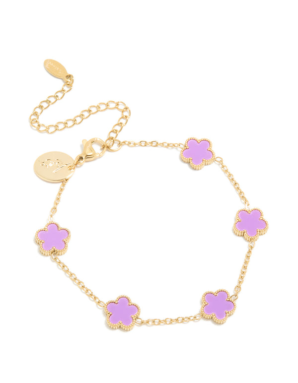 Crafted from waterproof gold plated stainless steel, this light purple petal flower charm bracelet in plum front view