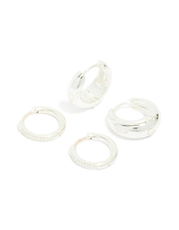 Featuring waterproof stainless steel cubic zirconia and chubby huggie earrings 2-pack with crystal silver chunky front view