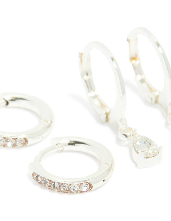 Waterproof Stainless Steel Cubic Zirconia Simple Stud & Huggie Earrings 3-Pack