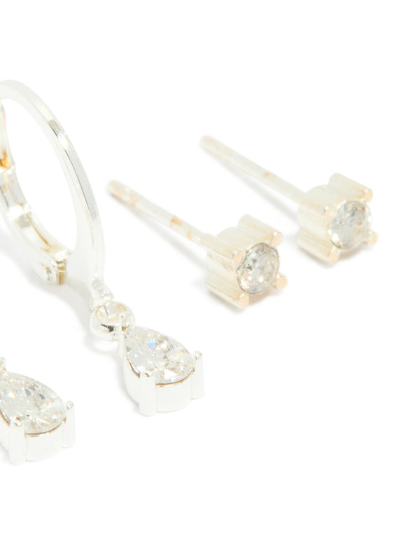 Highlighting waterproof stainless steel cubic zirconia simple stud and huggie earrings in a 3-pack and silver finish post detail view