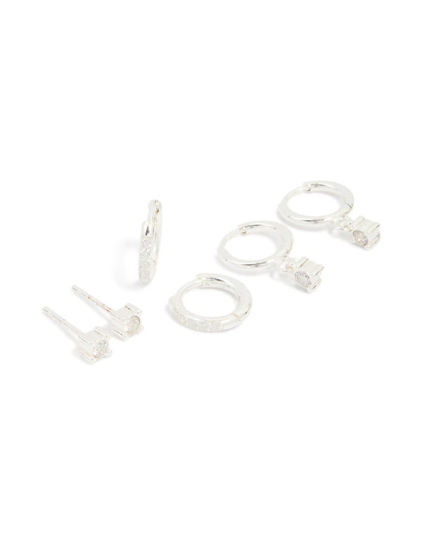 Explore waterproof stainless steel diamante stud and huggie earrings in a 3-pack in silver and clear front view